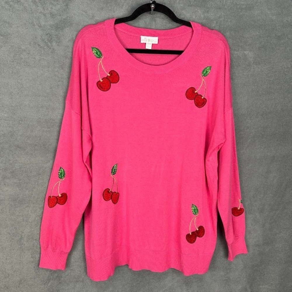 Belle Kim Gravel Sweater Womens Large Pink Cherries Long Sleeve Stretch Preppy